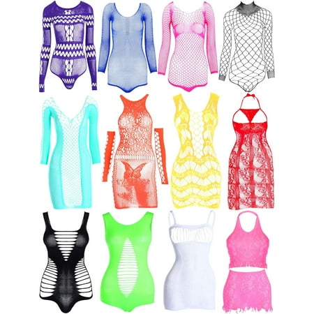 Waqn 12 Pieces Women s Fishnet Lingerie Mesh Babydoll Bodysuit Lace Smock Lingerie for Women (Cute Color Elegant Style) A417