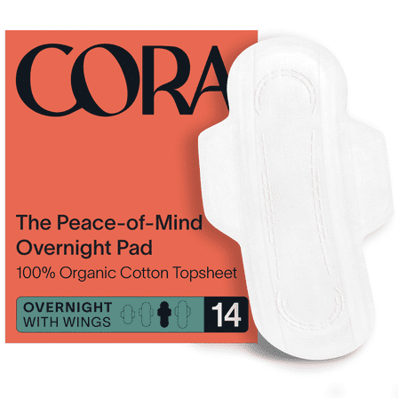 Cora Organic Cotton Topsheet Pads, Unscented, Overnight, 14 Count