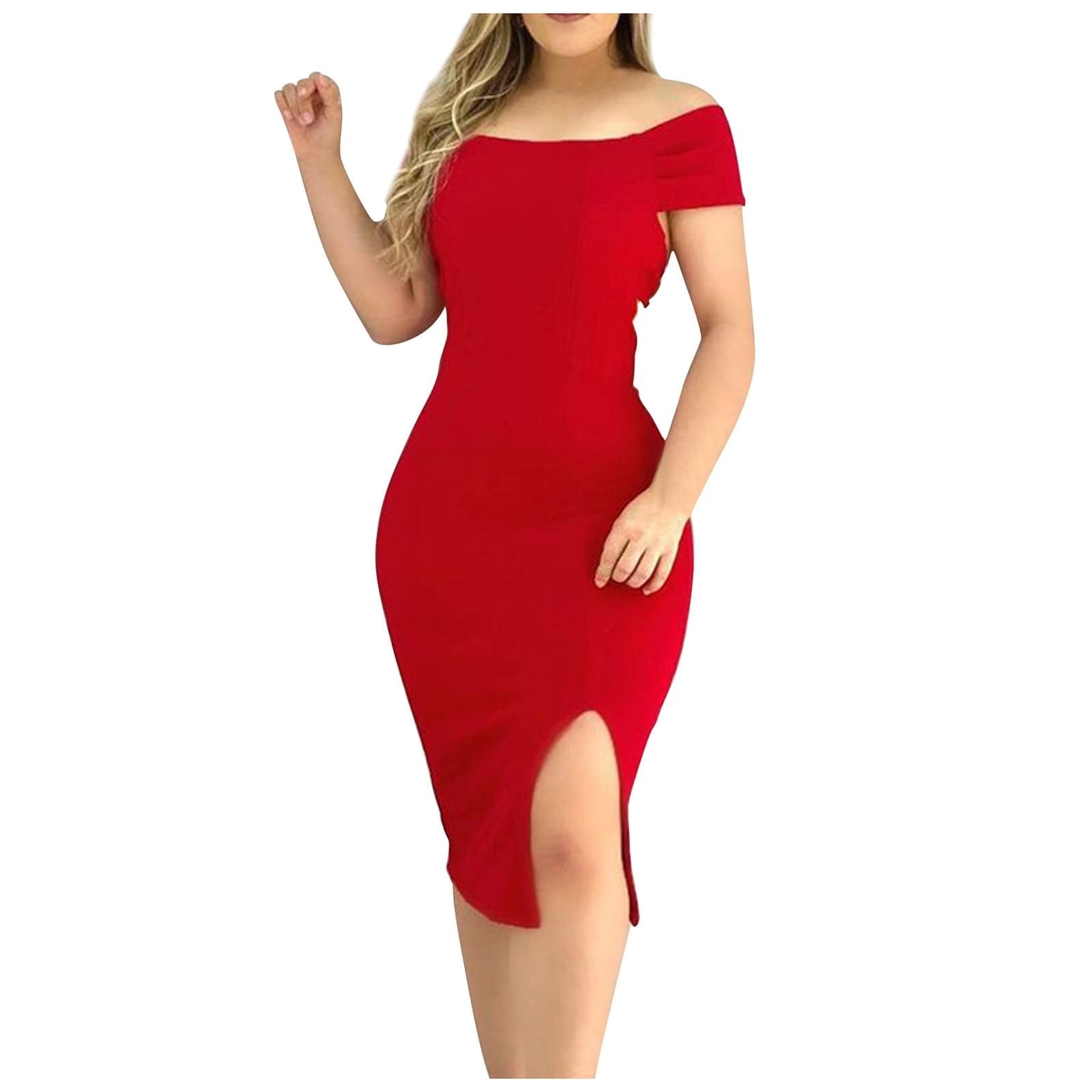 Women's Bodycon Split Dress Solid Color Tops Off Shoulder Short