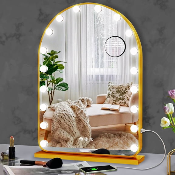Arch Gold Hollywood Large Putting Mirror with Lights for Bedroom Makeup Desk Table Wall Detachable Base Stand X10 Magnifying Dimmable 3 Color Lights 18 Bulbs