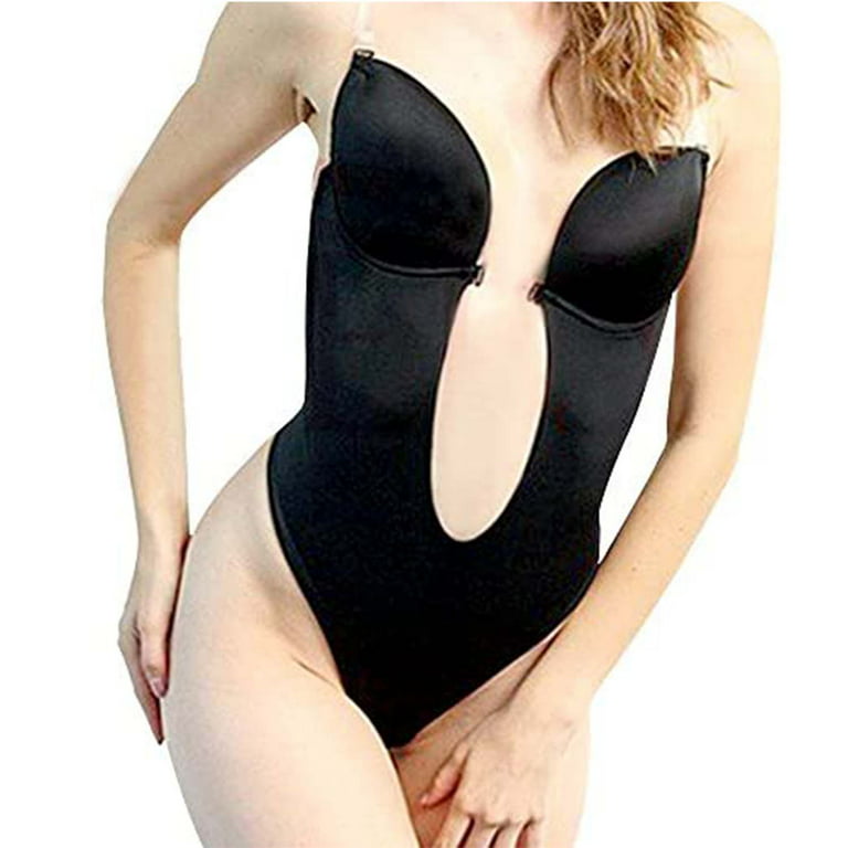 Defitshape Women's Backless Bodysuits U Plunge Seamless Thong Full Bodysuits  Black 36 fit 36B/36C/38A 