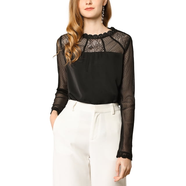 INSPIRE CHIC Haut à Manches Longues en Mousseline à Col Rond en Dentelle Florale pour Femme