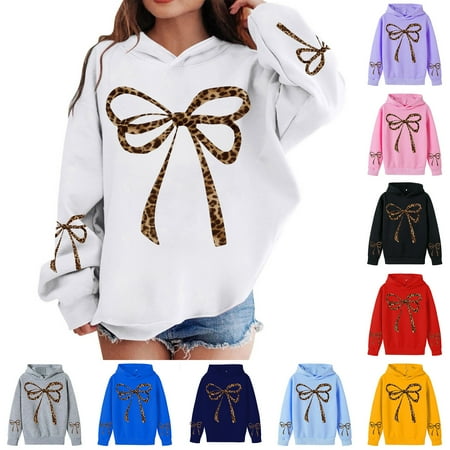 MUXiin Girls Hoodies Leopard Bow Graphic Hoodies Cute Hooded Sweatshirts Kids Preppy Hoodie Long Sleeve Pullover Tops 3-12Y