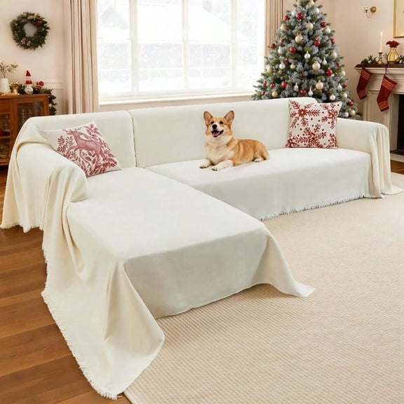 Sectional Couch Covers 2 Pieces Chenille Sofa Cover L Shaped Couch Cover Blanket for Dogs Washable Sofa Slipcovers Pet Furniture Protector X-Large: 71 x 110   71 x 118 Beige