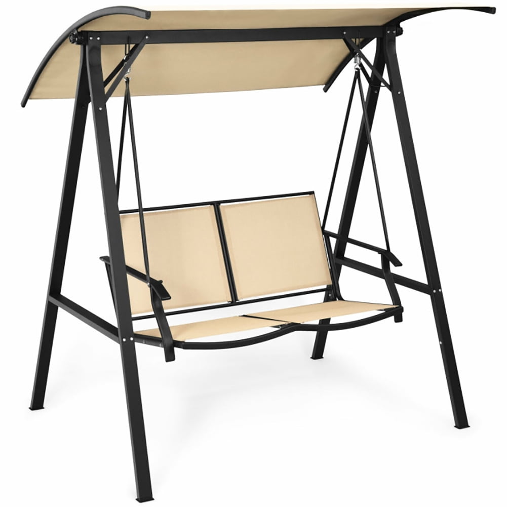 Aimee Lii Outdoor Porch Steel Hanging 2-Seat Swing Loveseat with Canopy, Outdoor Swing Chair, Beige