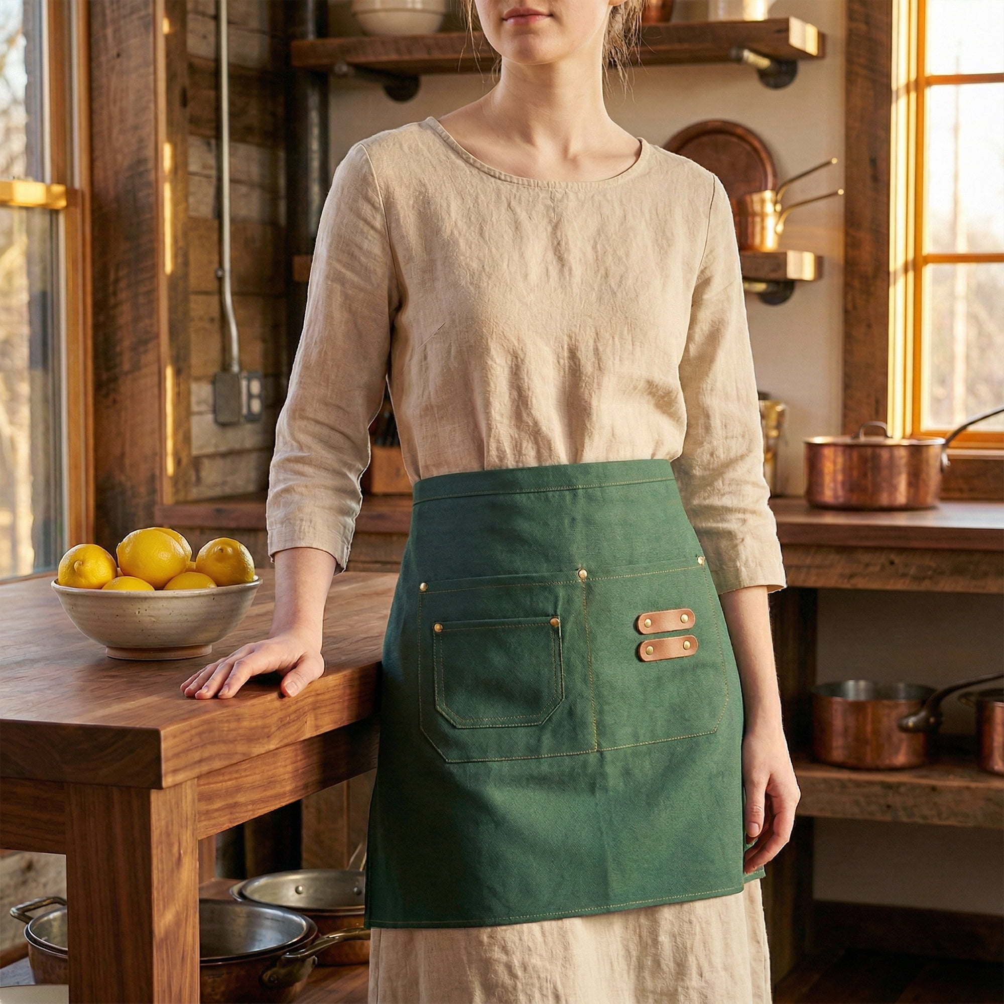 Unique Bargains Water-resistant Kitchen Apron with Pockets for Home and Kitchen Green
