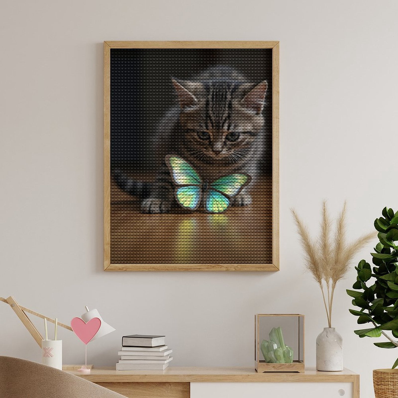 Diamond Art Kits for Adults, Young Cat Curious Blue Butterfly 5D Diamond Painting Kits for Adults Beginners, DIY Full Drill Diamond Painting, Gem Art and Crafts 12x16