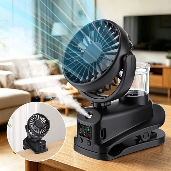 Portable Desk Fan for Home, Table Fan & Clip on Fan 2-in-1, USB Rechargeable Mini Spray Fan with 4 Adjustable Speeds, 360° Rotating Pedestal, Digital Display & Humidifier Mist for Office Room