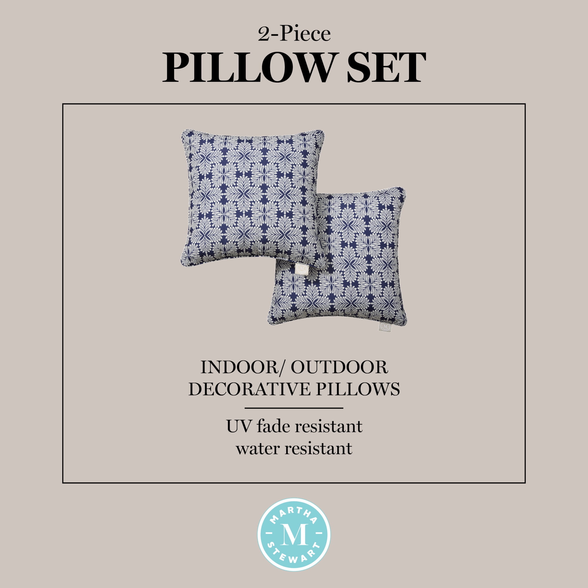 MARTHA STEWART Tulum Indoor Outdoor Decorative Pillow 2-Pack Set, UV Fade Resistant, Water Repellent, Printed Modern Design, Navy Blue, 18"x18"