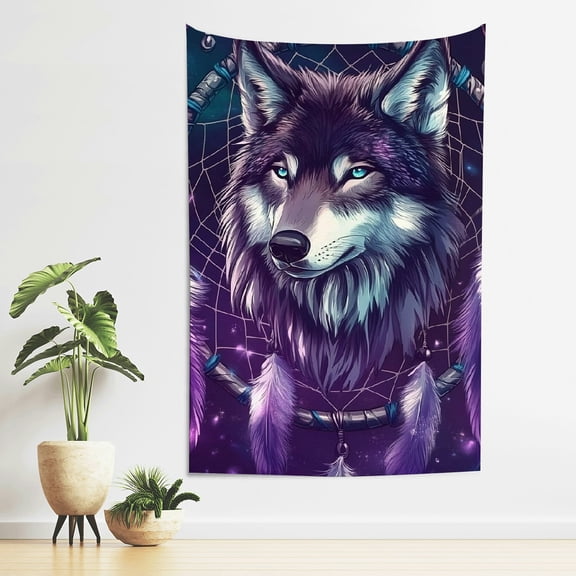 ZFLMY Wolf Dream Catcher Fantasy Art Tapestry Wall Hanging 100% Polyester 40*60in