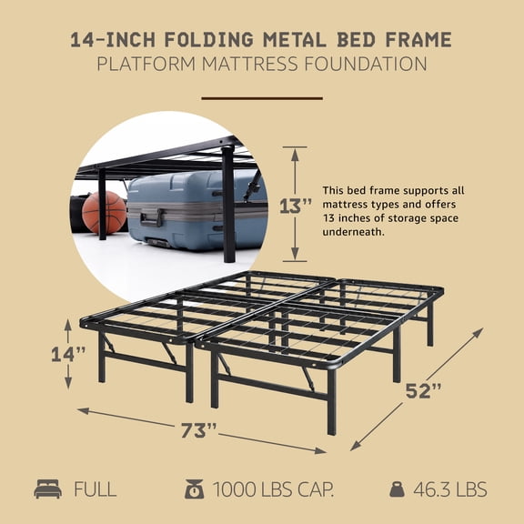 Hercules Folding Metal Bed Frame, 14 In Platform Mattress Foundation, Full