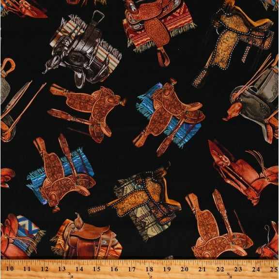 Cotton Saddled Saddles Horses Animals Equipment Riding Horseback Tack Southwestern Black Cotton Fabric Print by the Yard (DCX11305-BLAC-D)