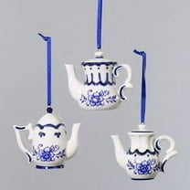 Kurt Adler Porcelain Delft Blue Teapot Ornament, Set OF 3
