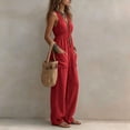 thumbnail image 5 of Womens Summer Halter Jumpsuits Plunge Sleeveless Beach Vacation Romper Elastic Waist Linen Jumper with Pockets Red, L, 5 of 7
