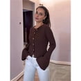 thumbnail image 4 of Suéter de Cuello Redondo Acanalado para Mujer, Camisa de Punto Acampanada de Larga con Botones y Abertura Frontal, Conjunto de Otoño Marrón L, 4 of 6
