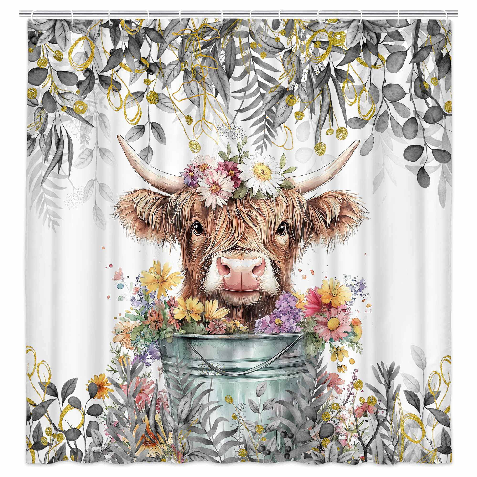 Gray Grey Eucalyptus Highland Cow Shower Curtain, Watercolor Plant Leaves with Floral Farmhouse Bath Curtain, Funny Animals Bathroom Accessories Botanical for Bathroom Curtain Set with Hooks, 72X72in