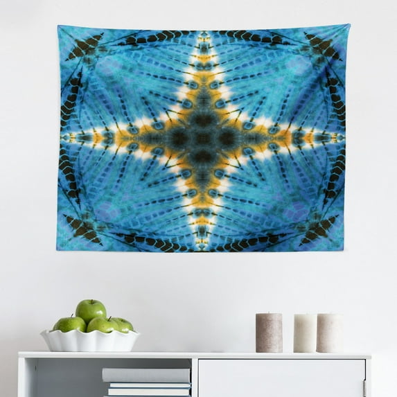 Ethnic Tapestry, Classic Tie Dye Effect Batik Motif with Bizarre and Oriental Aesthetic Print, Fabric Wall Hanging Decor for Bedroom Living Room Dorm, 2 Sizes, Brown Blue, by Ambesonne