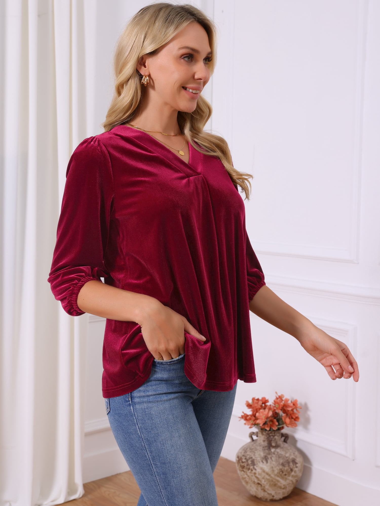 DARING DIVA Women's Velvet V Neck 3/4 Puff Sleeve Casual Blouse XL Wine Red