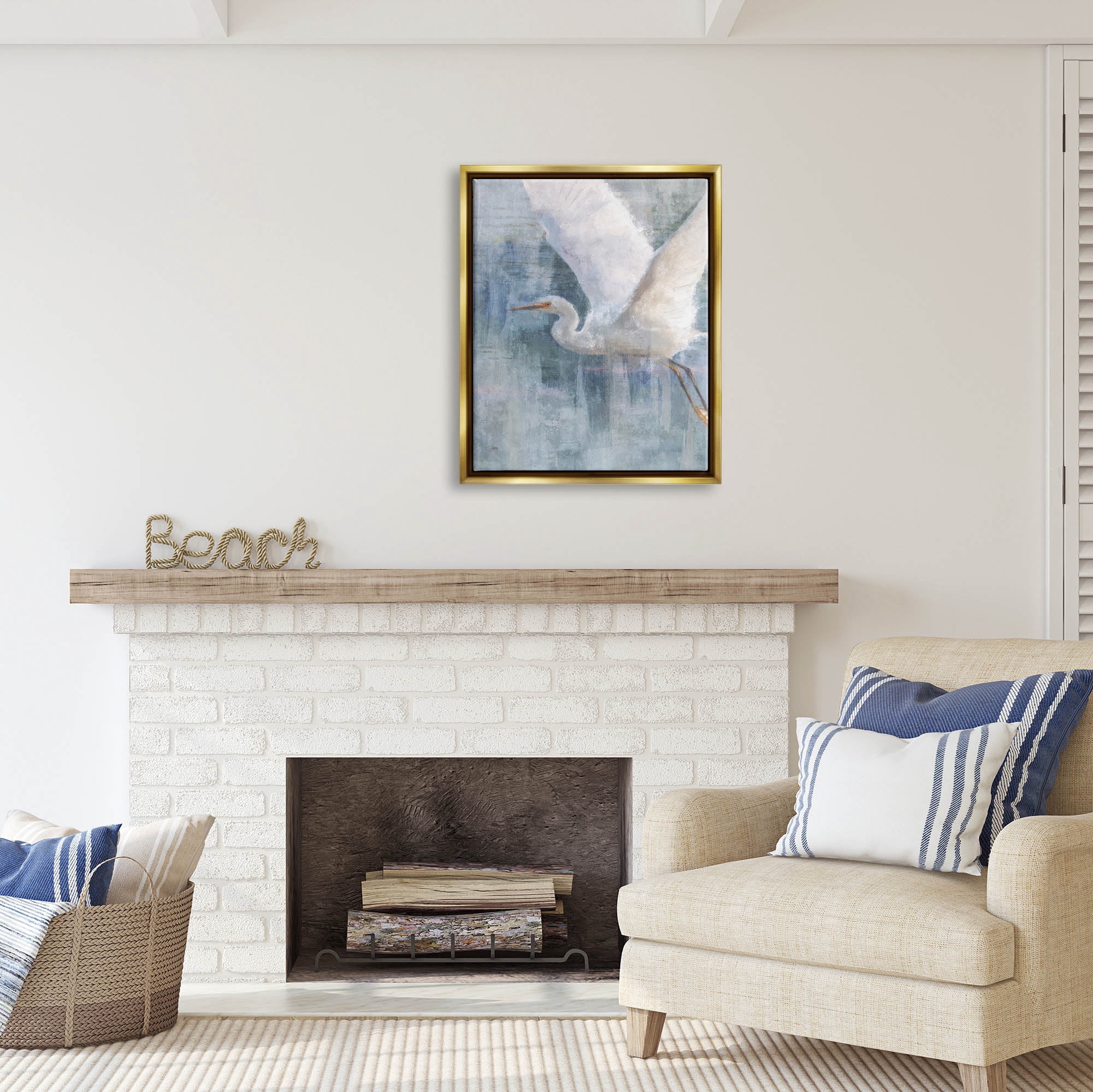 Stupell Industries Flying Egret Coastal Abstraction Coastal Painting Gold Floater Framed Art Print Wall Art