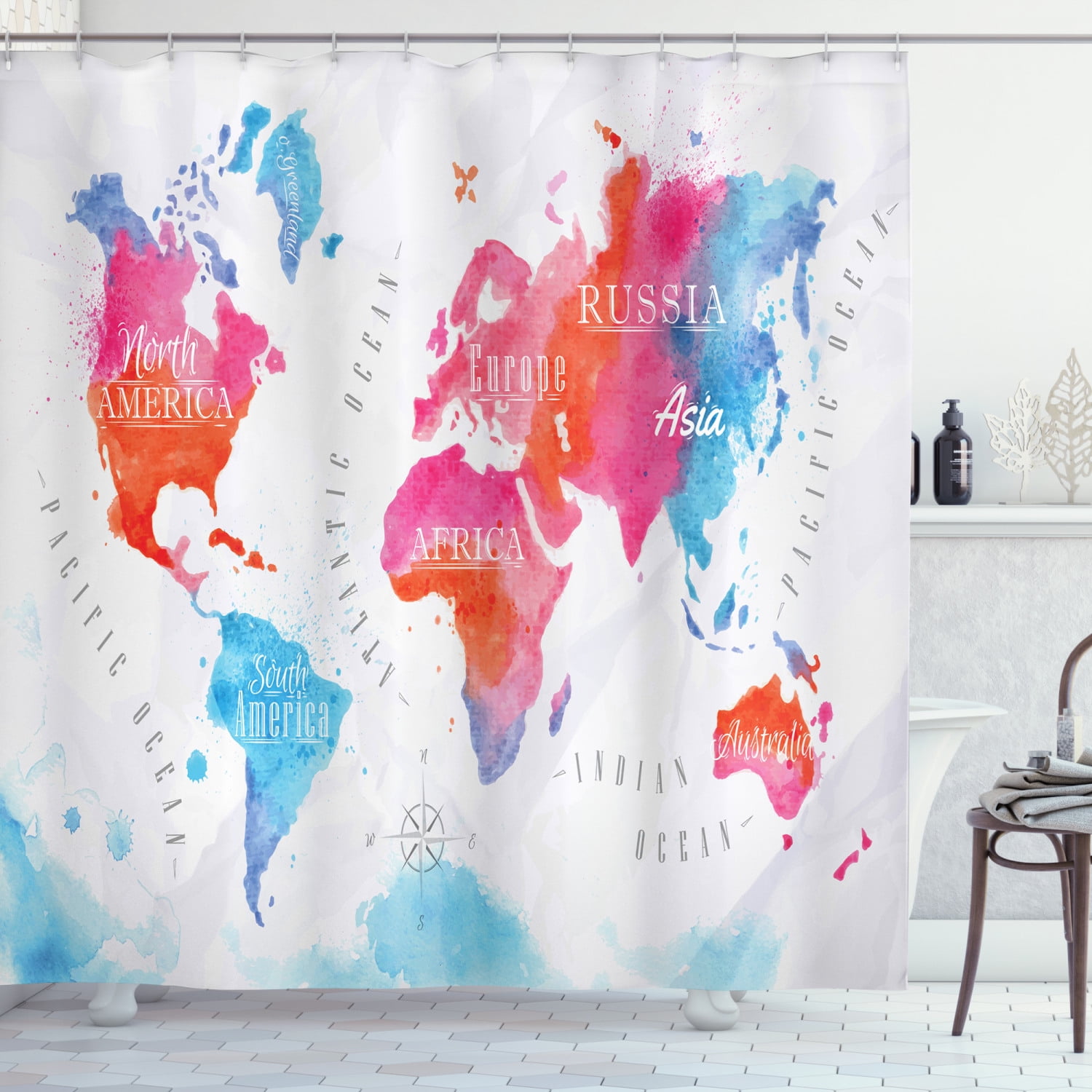 Geography Shower Curtain, Watercolored World Map Continent and Ocean