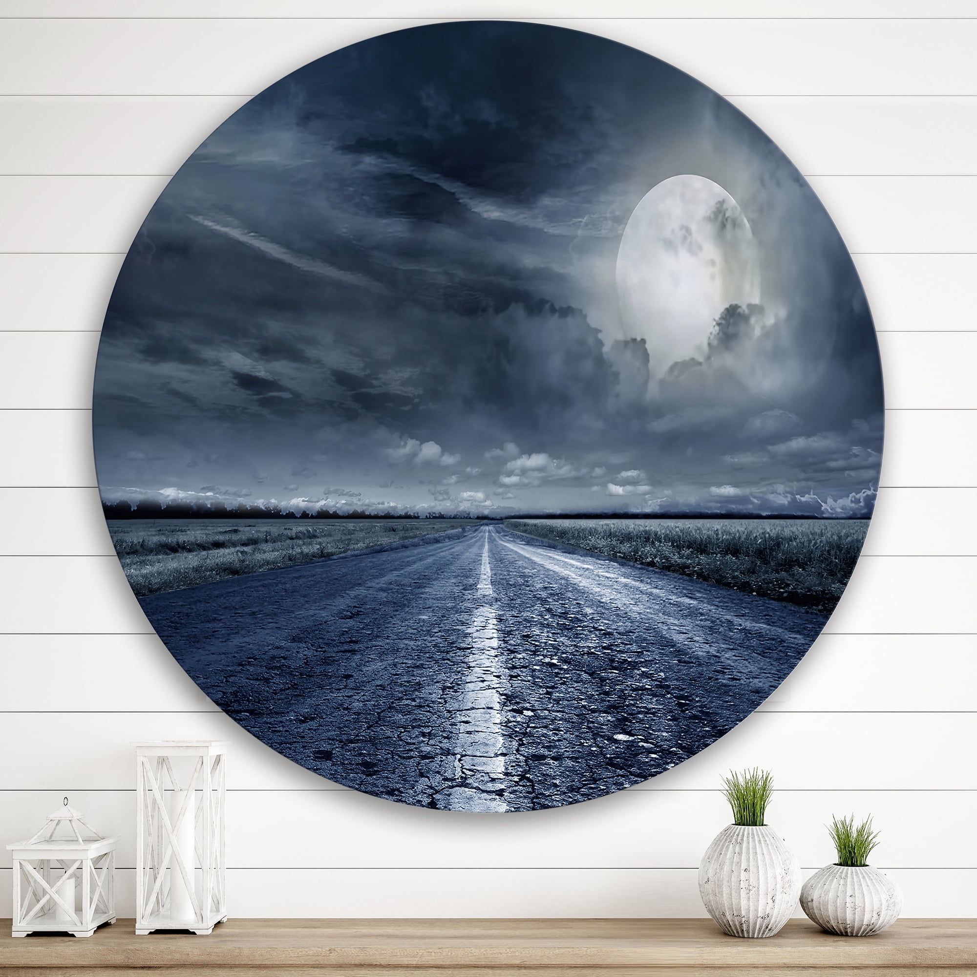 Designart 'Cloudy Full Moon Over Asphalt Road II' Nautical & Coastal Circle Metal Wall Art 29x29 - Disc of 29
