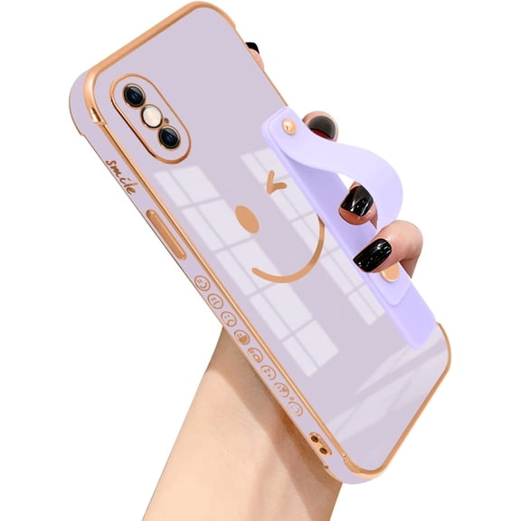 Compatible with iPhone Xs Max Case for Women Girls,TPU Cute Plating Smiley Face Pattern Wristband Holder Case Camera Lens Protection Side Small Pattern Shockproof Wrist Strap Case-White