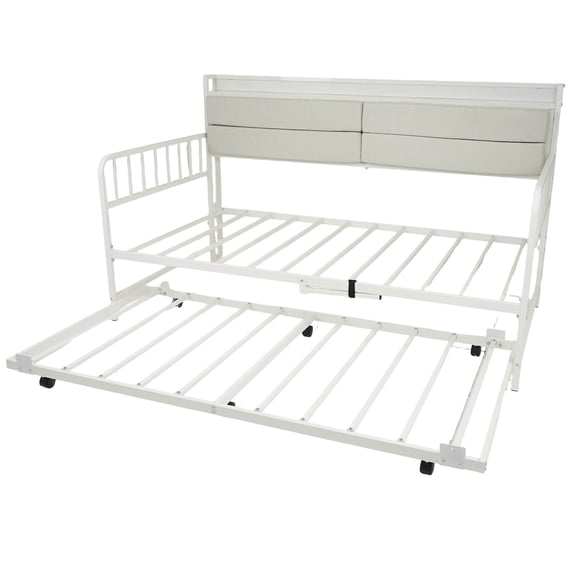 Costway Daybed with Trundle LED Lights Charging Station Upholstered Storage Headboard White