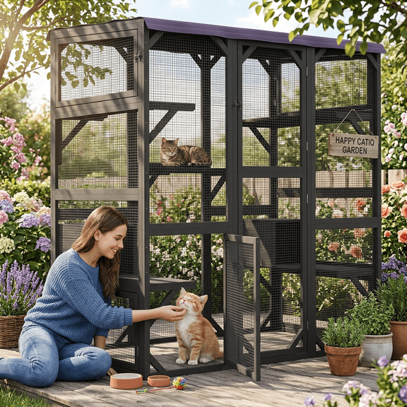 AIHO Wooden Dog Crate Furniture with Double Doors , Black