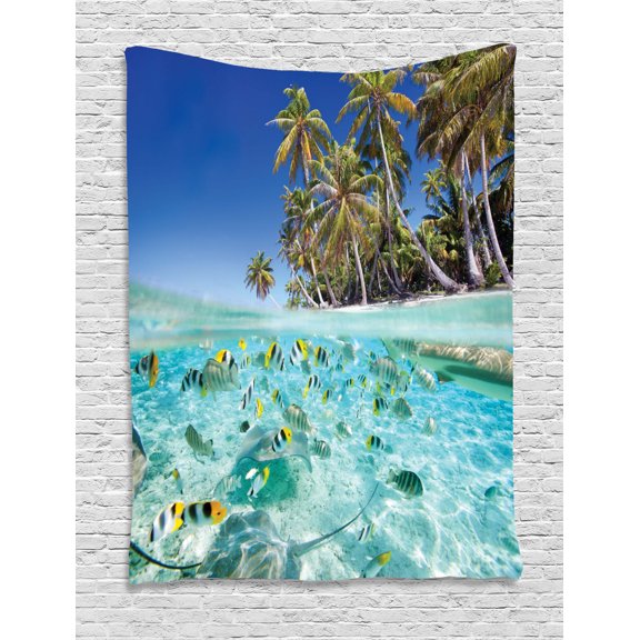Tropical Tapestry, Exotic Island Above and Underwater Picture Scenic Polynesian Untouched Shoreline, Wall Hanging for Bedroom Living Room Dorm Decor, 40W X 60L Inches, Multicolor, by Ambesonne