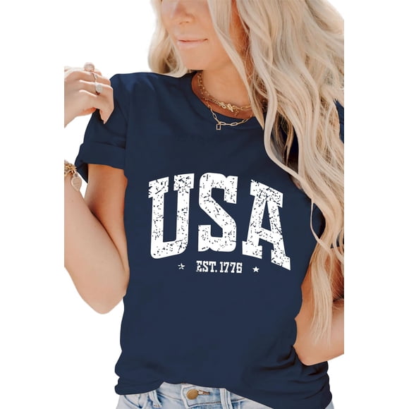 Camiseta INFITTY para mujer con la bandera estadounidense del 4 de julio, azul marino