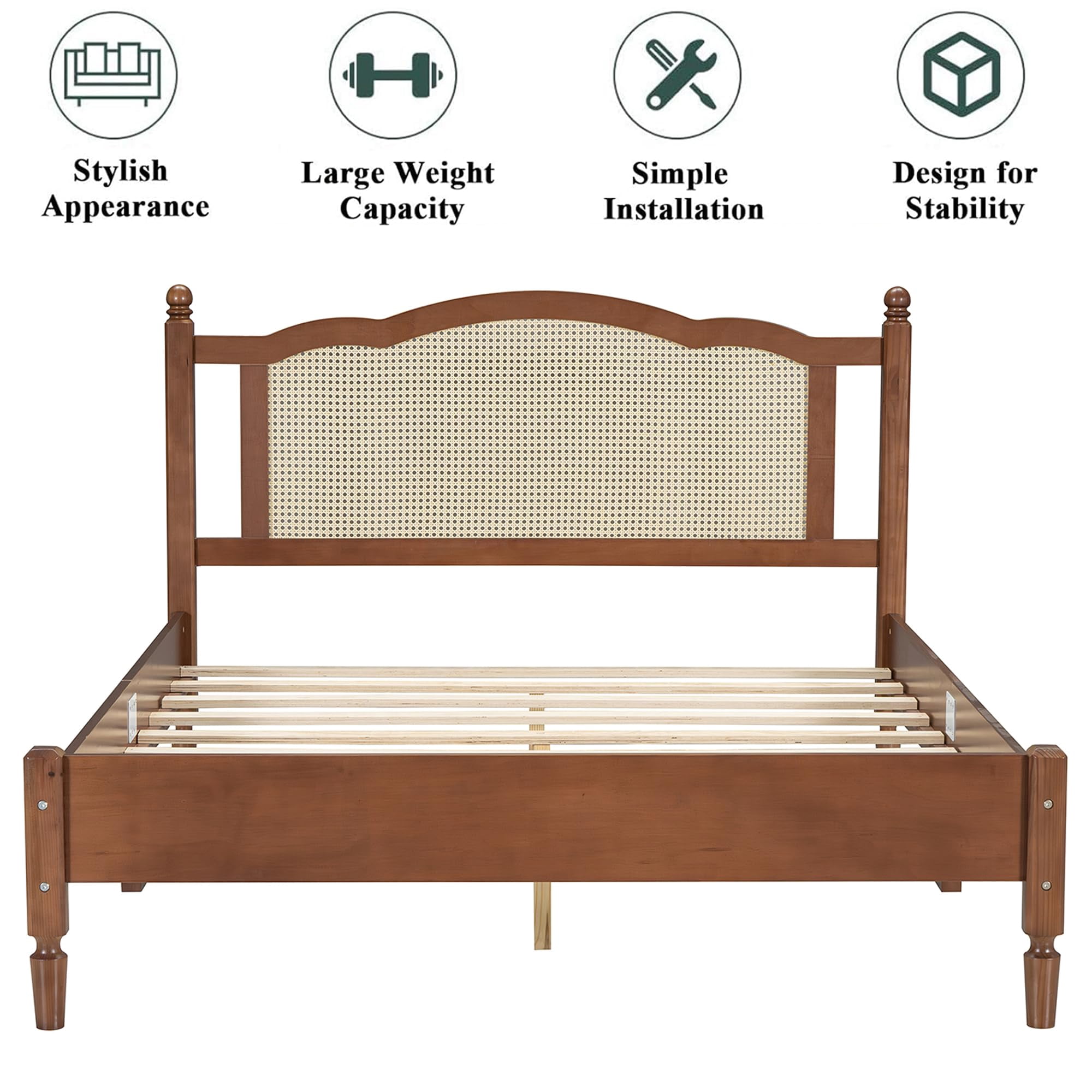 Aukfa Solid Wood Full Size Bed Frame with Natural Rattan Headboard, Walnut