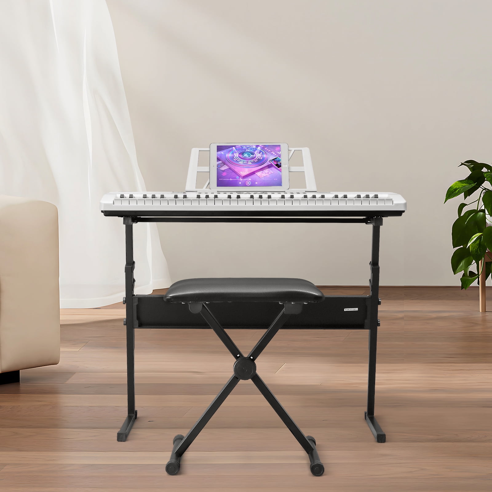 Glarry 61 Keys Keyboard Piano with Z Type Stand, Adjustable Height Bench, Built In Speakers for Beginners, White