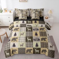Homewish Boys Girls Animal Deer Bear Twin Bedding Sets 7-Piece,Geometric Plaid Grid Bedding Comforter Set Microfiber,Woodland Wildlife Breathable Sheet Sets,Breathable Home Decor,Reversible