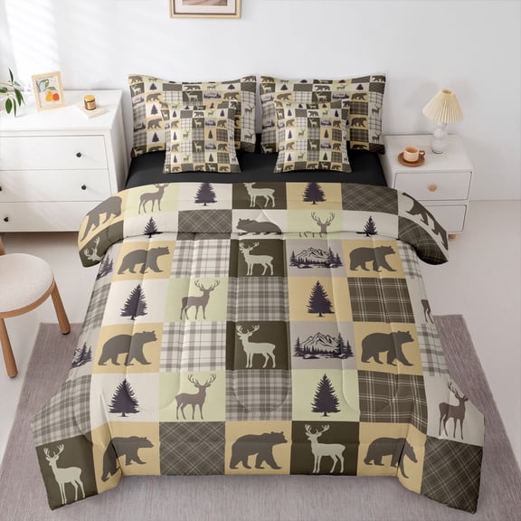 Homewish Boys Girls Animal Deer Bear Twin Bedding Sets 7-Piece,Geometric Plaid Grid Bedding Comforter Set Microfiber,Woodland Wildlife Breathable Sheet Sets,Breathable Home Decor,Reversible