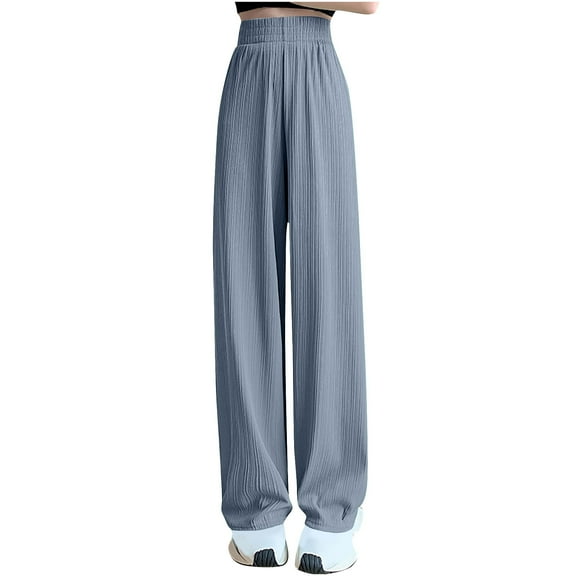 Lenpel Ribbed Wide Leg Pants for Women Lightweight Elastic High Waisted Casual Trousers Loose Lounge Pleated Pants