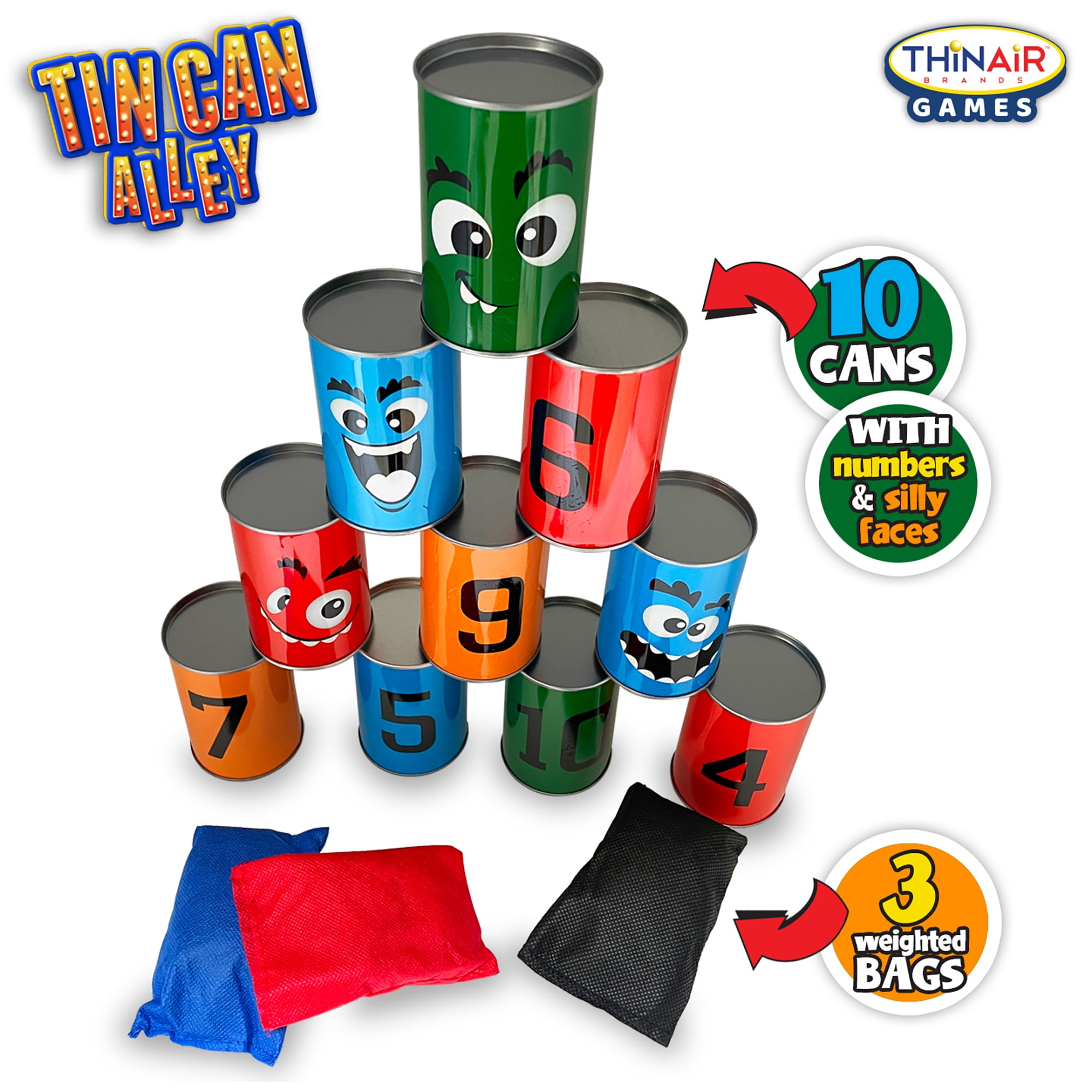 Thin Air Games: Tin Can Alley - Classic Carnival-Themed Bean Bag Toss Game, 10 Silly-Faced Cans & 3 Bags, In-Outdoor Fun, Family & Kids, 2-4 Players