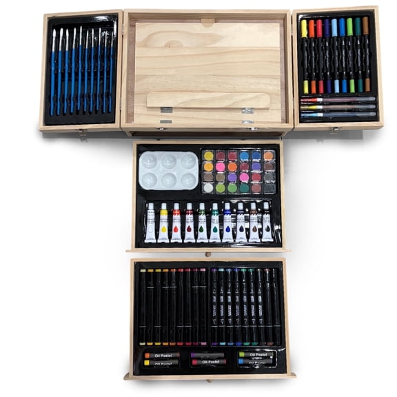 Artist Concepts Wood Easel Fold-Out Tabletop Art Set with Markers, Paints, and Pads (84 Count)