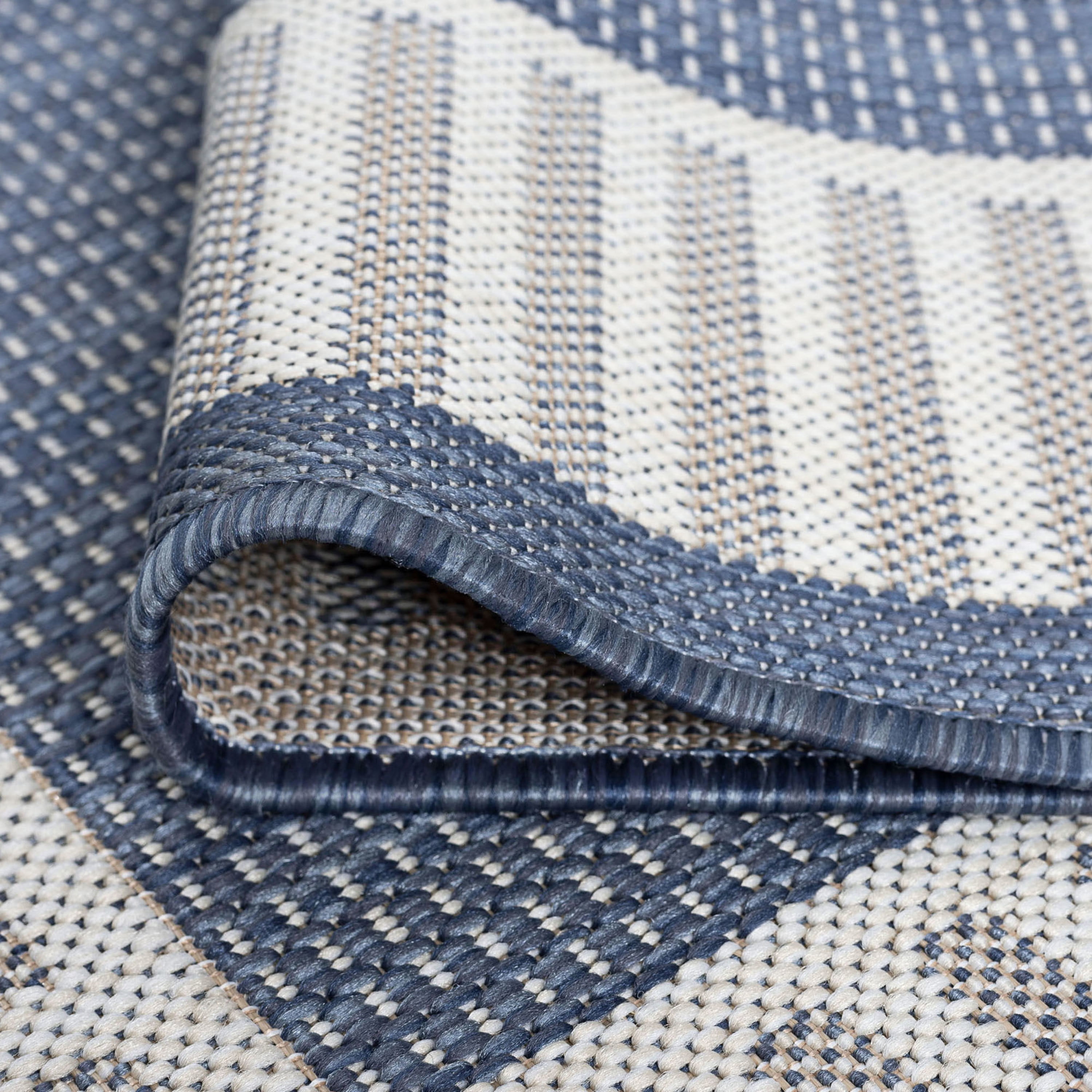 4x6 Water Resistant, Indoor Outdoor Rugs for Patios, Front Door Entry, Entryway, Deck, Porch, Balcony | Outside Area Rug for Patio | Navy, Striped Border | Size: 4' x 5'3''