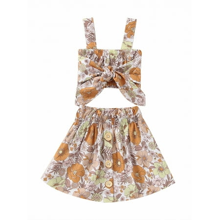 

Frobukio 2Pcs Kids Baby Girls Summer Skirt Suit Floral Print Sleeveless Elastic Bust Tops Button Embellished Skirt Light Brown 2-3 Years