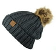 thumbnail image 3 of C.C Thick Cable Knit Faux Fuzzy Pom Fleece Lined Skull Cap Cuff Beanie, Dark Melange Gray, 3 of 4