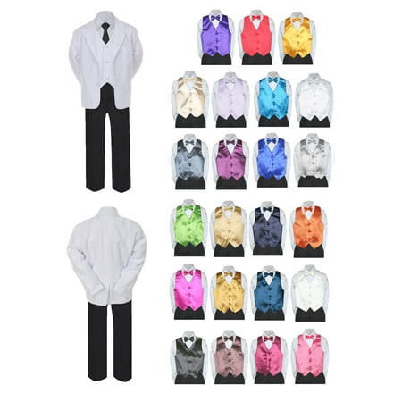 

7pc Boy Formal Necktie Black White Suit Set Satin Bow Tie & Vest Baby Sm-20 Teen