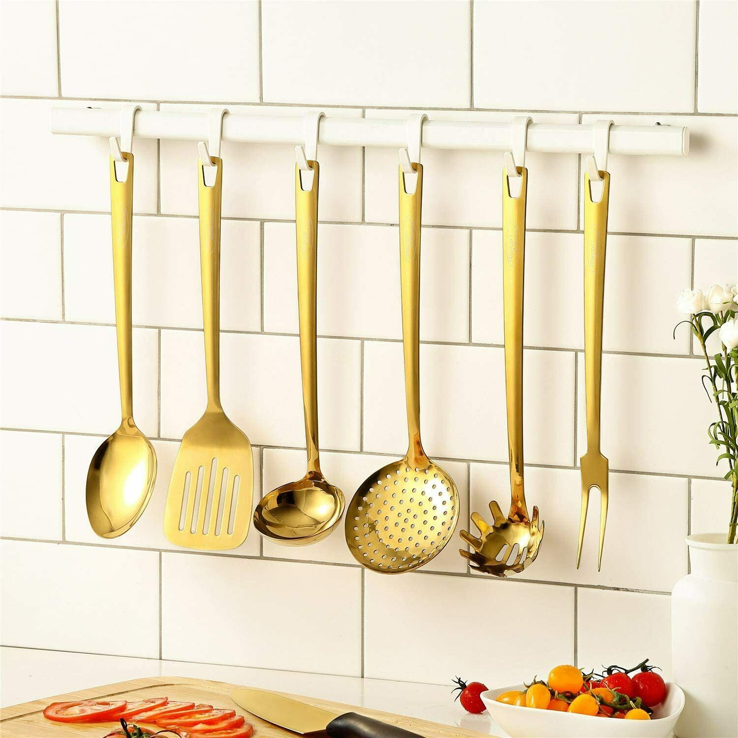 Elegant White and Gold Cooking Utensils Set - 7 PC Durable Kitchen Utensils  Set