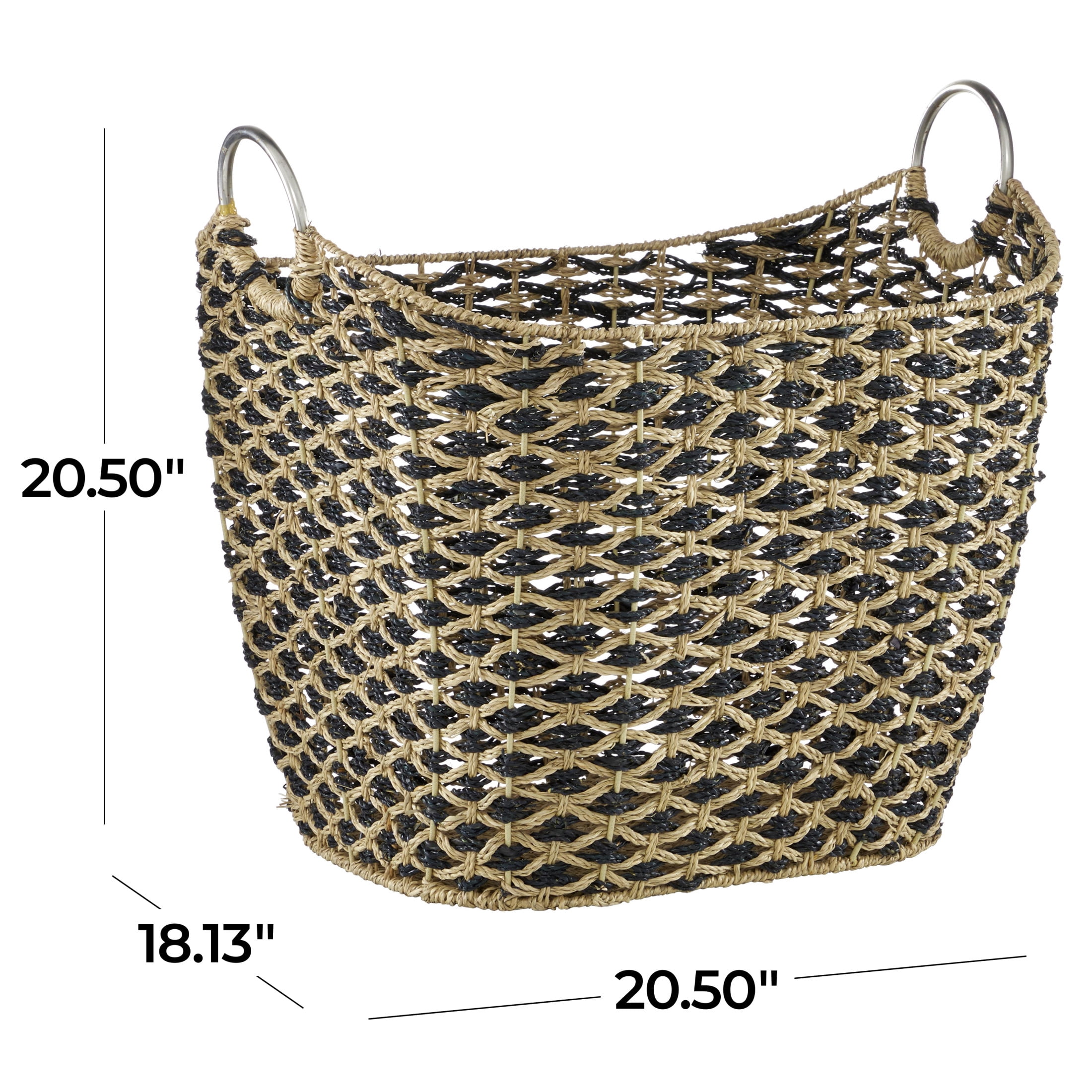 DecMode 21" x 21" Brown Seagrass Handmade Storage Basket with Metal Handles, 1-Piece