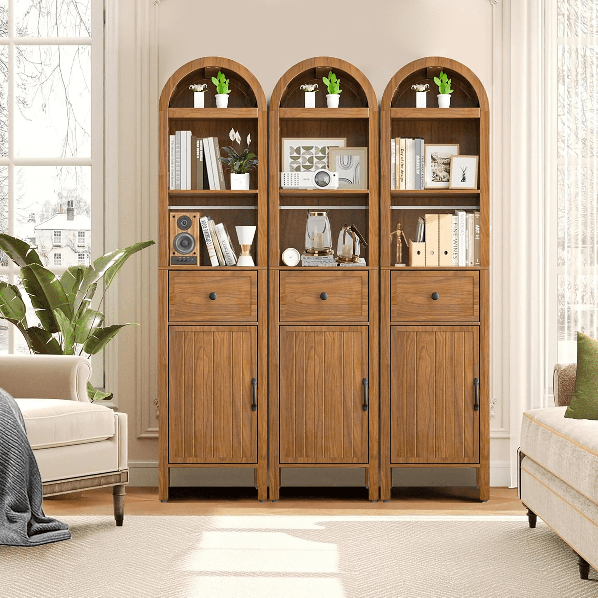 Oubayajia 64" Tall Bathroom Storage Cabinet, Narrow Tall Arched Linen Standing Tower Cabinet, Kitchen Cupboard with Adjustable Shelf and Drawer