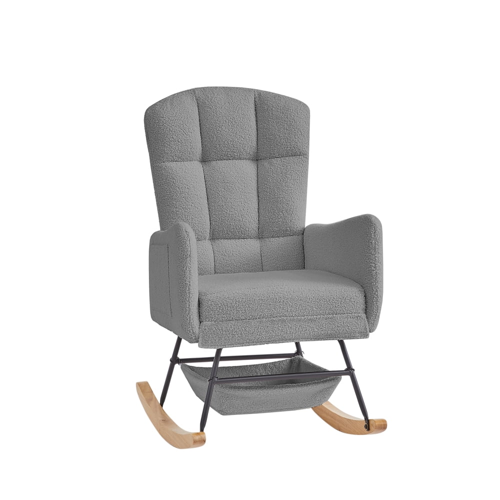 Pink Teddy Fleece Rocking Chair, Upholstered Nursery Glider with High Back, Metal & Wood Frame