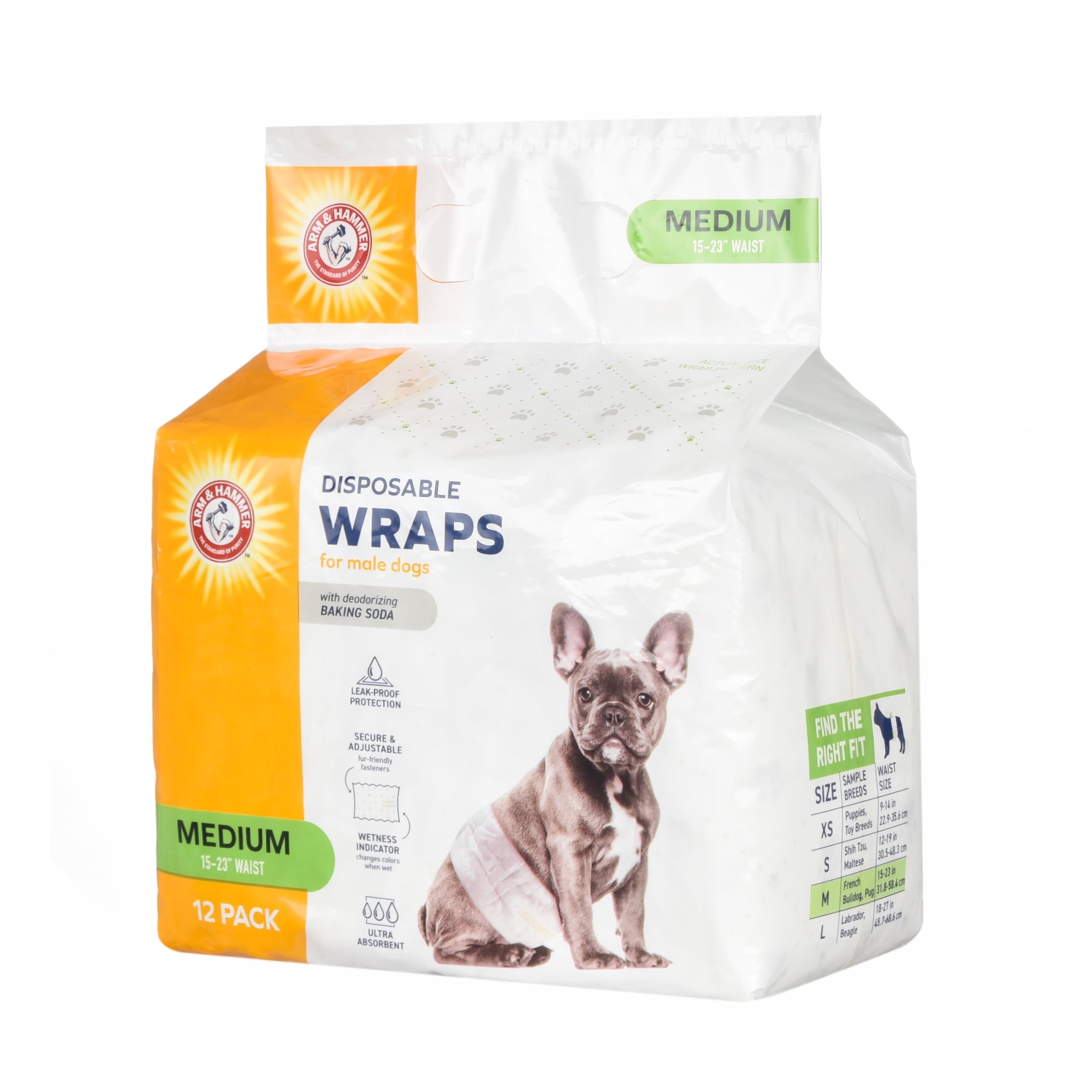 Arm & Hammer Male Dog Wraps, Medium 12 Ct | Ultra-Absorbent with Leak-Proof Protection