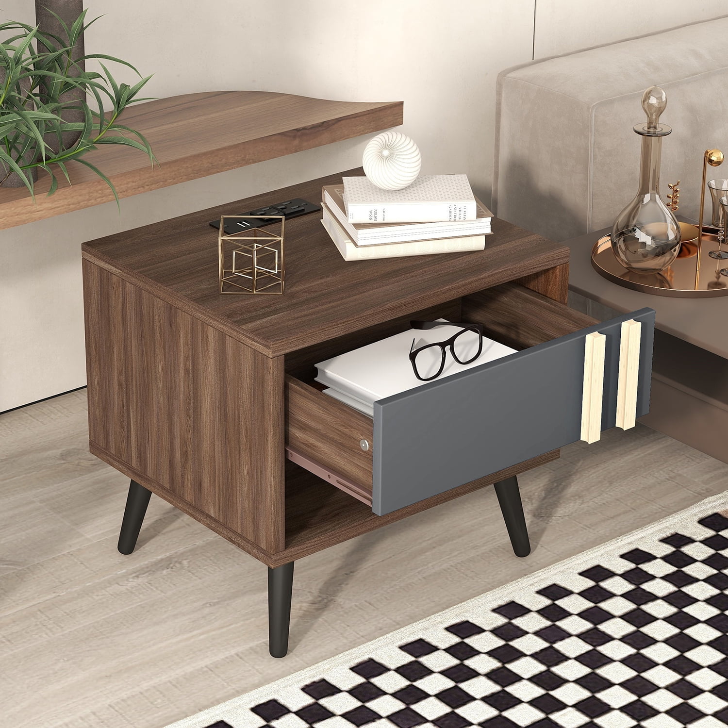 Kadyn Modern Wooden Nightstand, Storage Bedside Table with USB Ports, End Table for Living Room and Bedroom, Gray+Walnut