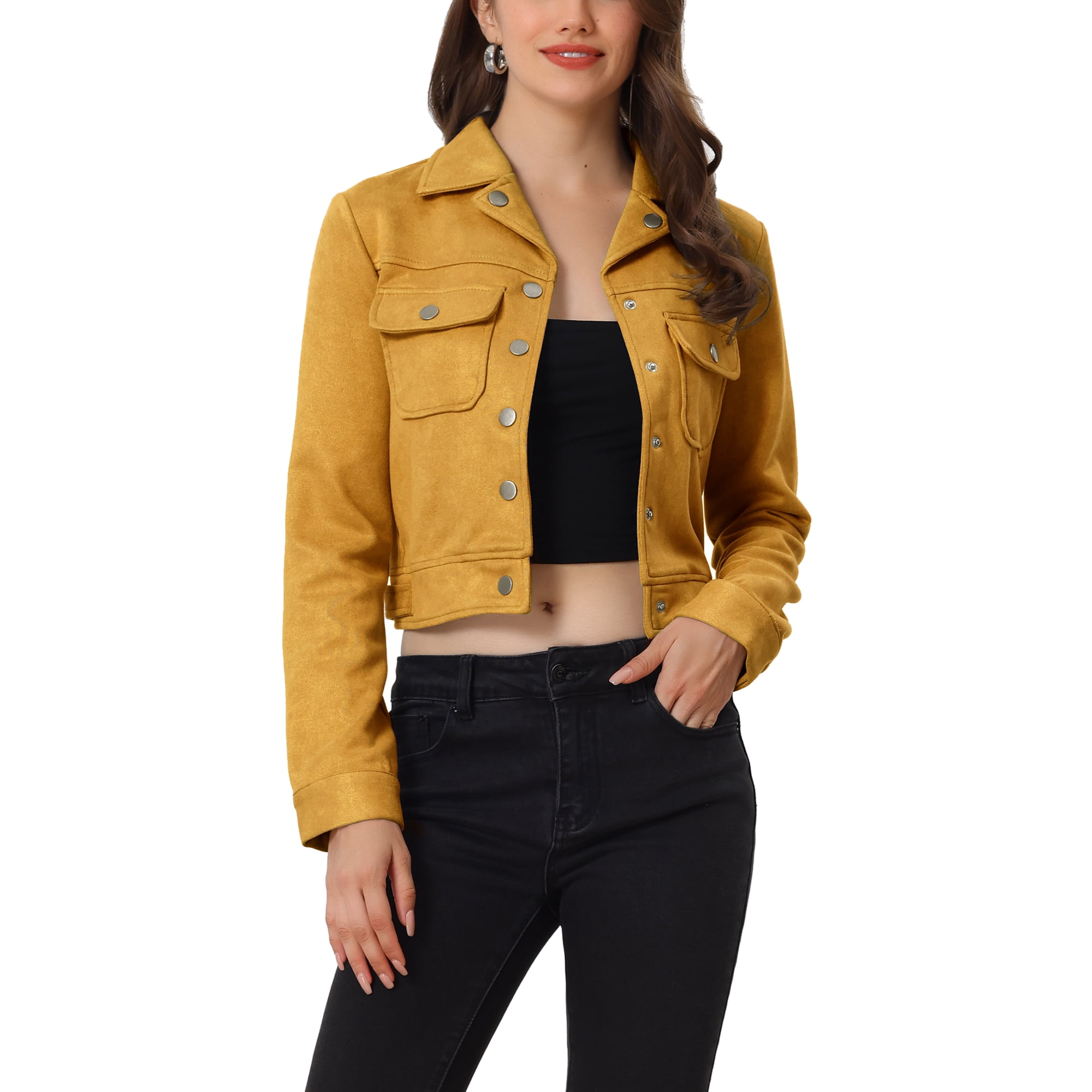 Unique Bargains Veste Casual en Faux Daim Col Crante avec Poches Jaune S