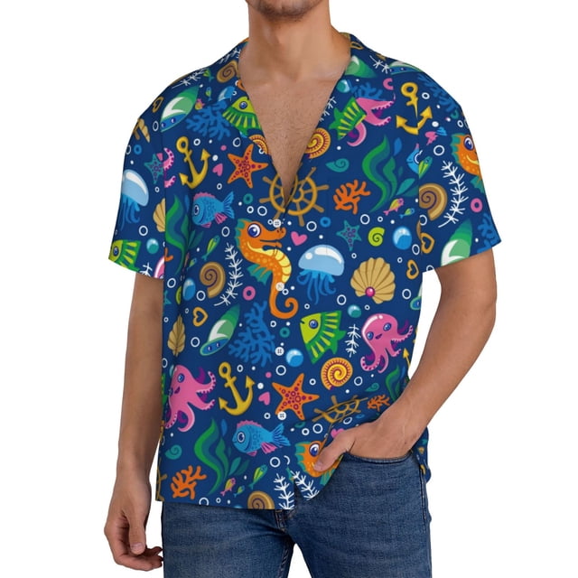 Balery Sea Fish Camisa Casual de Manga Corta con Botones para Hombre, Texturizada, Estilo Cubano, para Playa, Verano-4X-Large