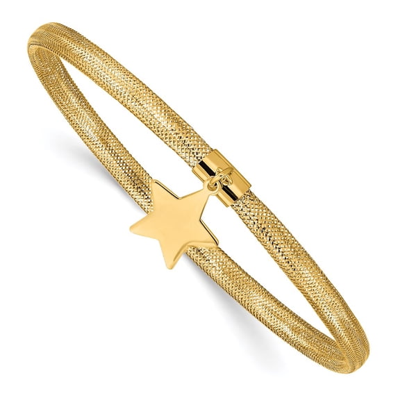 14k Yellow Gold Mesh Star Dangle Stretch Bracelet 7.5" (Width = 4mm )